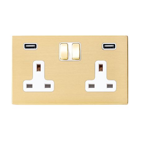 Double Socket USB Satin Brass