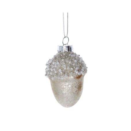 Glass Acorn Decoration with Beaded Top White
