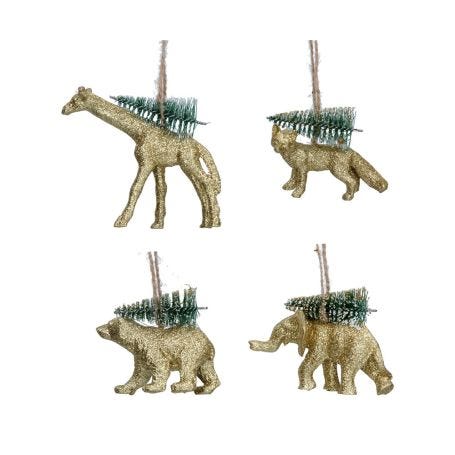Gold Acrylic Animals with Christmas Tree Decoration Set of 4