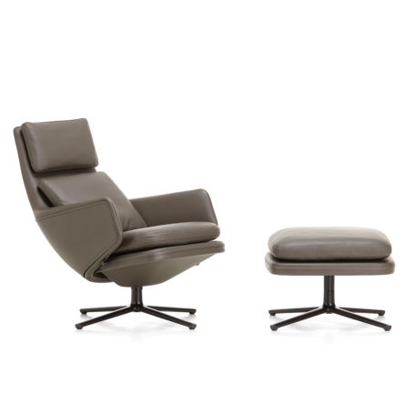 Grand Relax Chair & Ottoman Leather Umbra Grey Basic Dark Metal Base