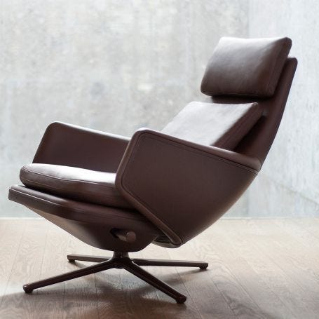Grand Relax Chair & Ottoman Leather Umbra Grey Basic Dark Metal Base