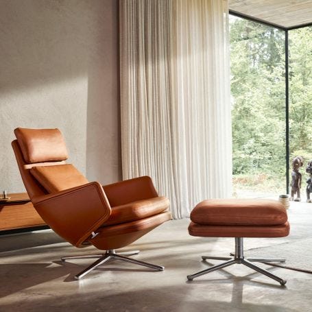 Grand Relax Chair & Ottoman Cognac Leather Polished Base Felt Glides