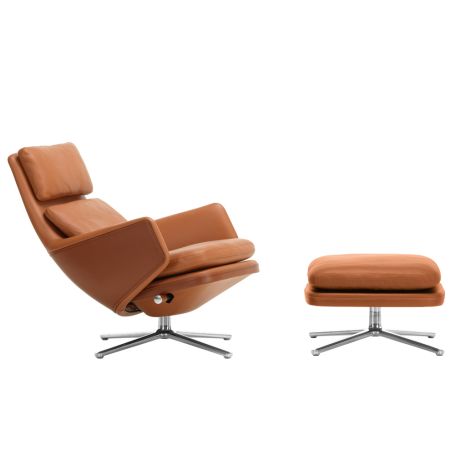 Grand Relax Chair & Ottoman Cognac Leather Polished Base Felt Glides