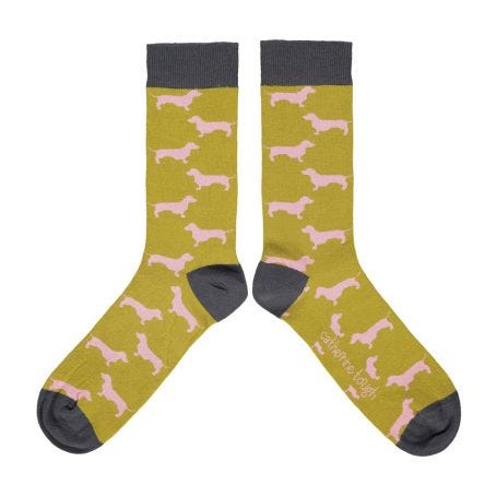 Mens Organic Cotton Ankle Socks Sausage Dogs Lime