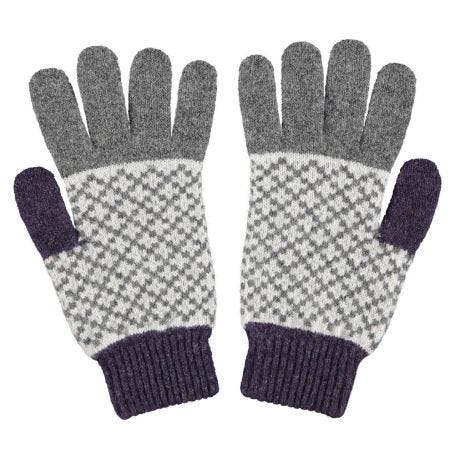 Mens Lambswool Gloves Cross Grey and Purple