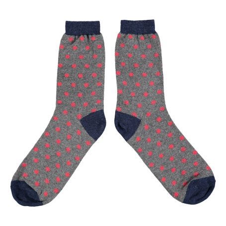 Mens Lambswool Ankle Socks Spots Red and Grey