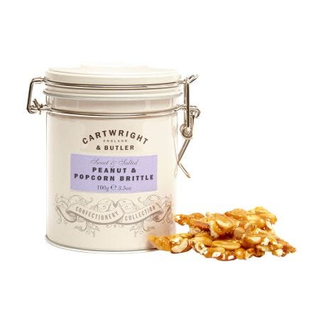 Peanut and Popcorn Brittle in Tin