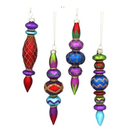Set of 4 Multicoloured Glass Drop Decorations 