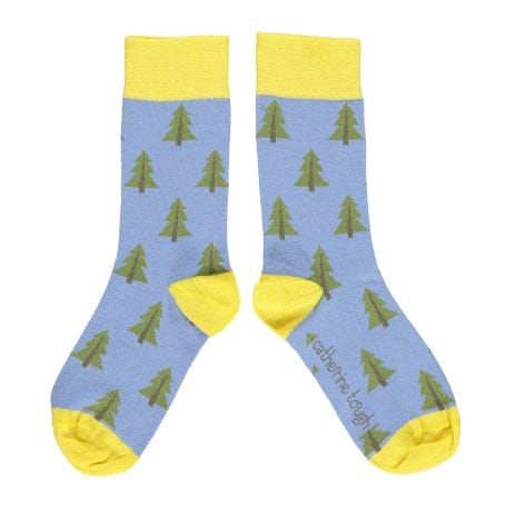Womens Organic Cotton Ankle Socks Trees Light Blue and Yellow