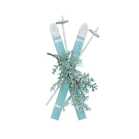 Wood Skis with Fir Trim Decoration Blue