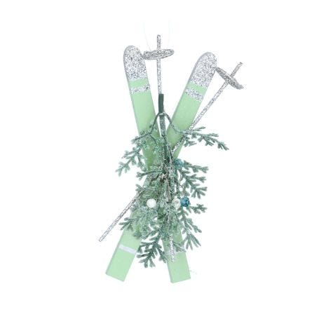 Wood Skis with Fir Trim Decoration Green