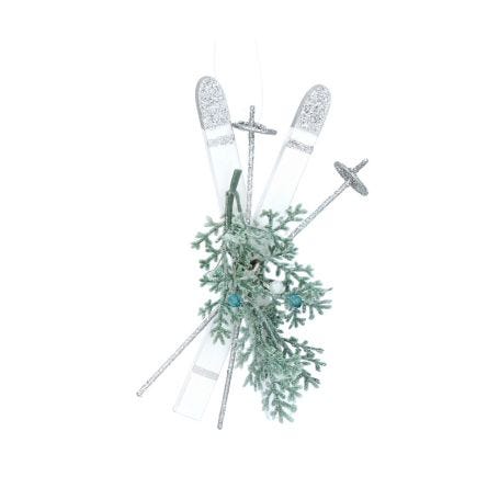 Wood Skis with Fir Trim Decoration White